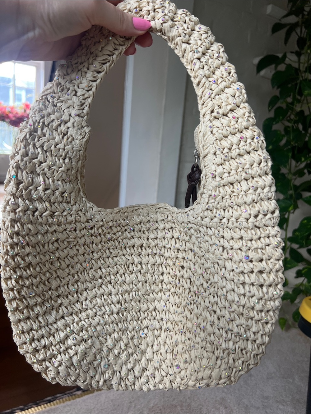 Woven Straw Shoulder Bag with Sparkle - Cream